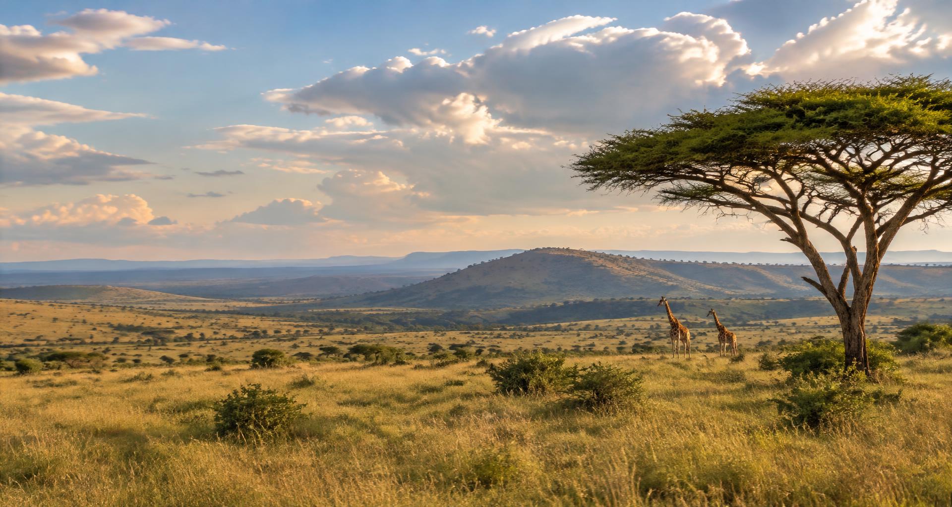 Illustrative Kenyan savanna, with giraffes beneath an acacia tree